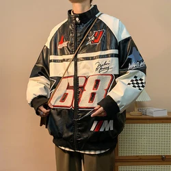 Chaqueta de motorista para hombre, abrigo de cuero para motocicleta, antiviento, con cremallera bordada, Top de otoño