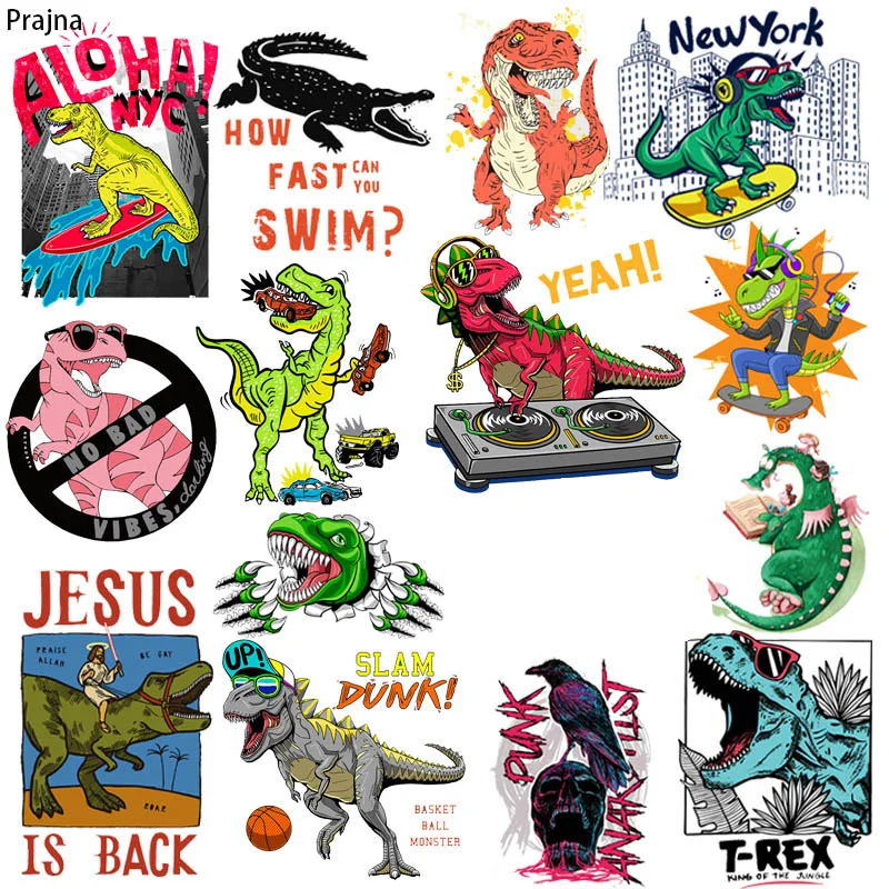 Prajna-Transferencia Térmica de dinosaurio para ropa, parches de transferencia de calor para apliques de ropa, dibujos animados DIY - imagen 3