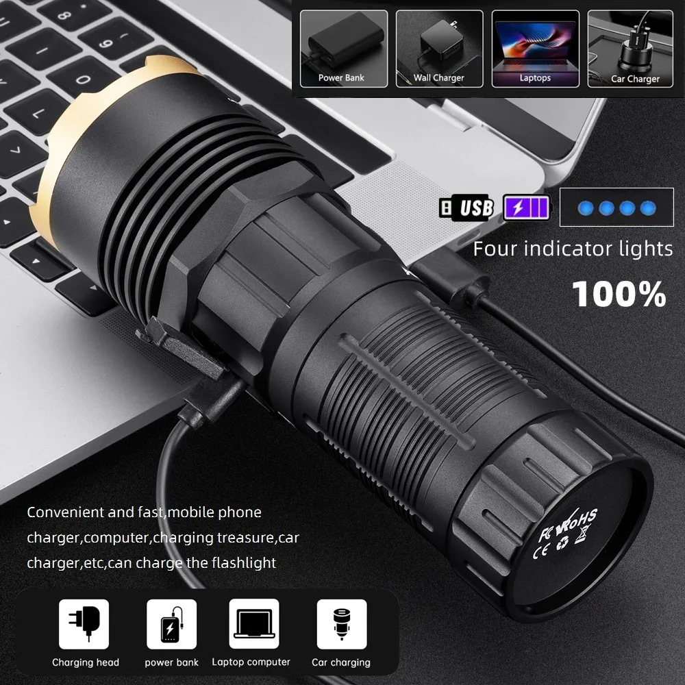 Linterna de haz de luz de alta potencia de 5000 lúmenes, recargable por USB, de aluminio, para exteriores, caza, Camping, pesca, senderismo, viaje, potente antorcha - imagen 5