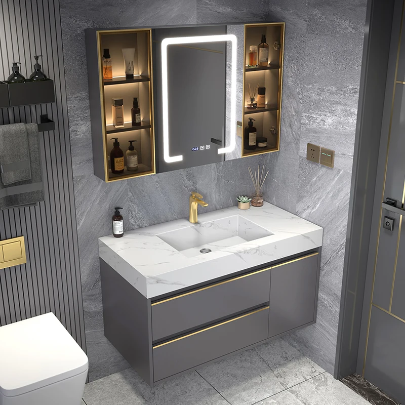 Juego de lavabo de inodoro de lavado de cara integrado, gabinete de baño de lujo ligero y simple moderno, combinación de losa de piedra - imagen 2