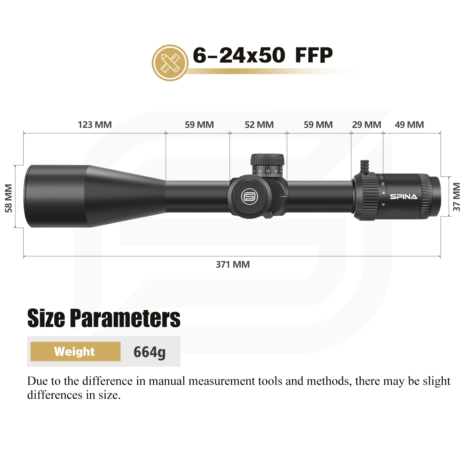 SPINA OPTICS HD 6-24x50 FFP Primer plano Focal, mira telescópica para Rifle, torretas de caza, reinicio de bloqueo, miras ópticas reales, armas de fuego, 308 - imagen 5