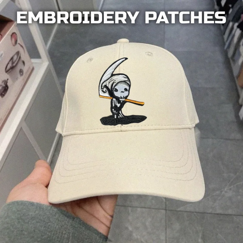 Parche bordado 3D Little Grim Reaper, insignia de moral táctica con gancho y bucle, pegatinas decorativas para mochila, parches para brazalete para ropa