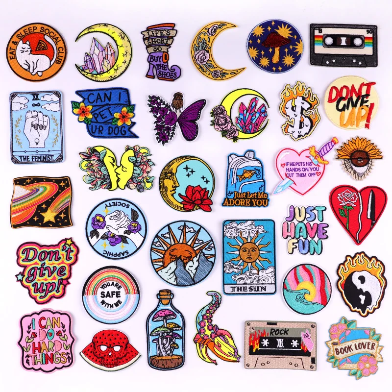 Parche de dibujos animados/sol y Luna, parche bordado de setas, parches para planchar para ropa, parches termoadhesivos para ropa, Jean Sew Sricker - imagen 3