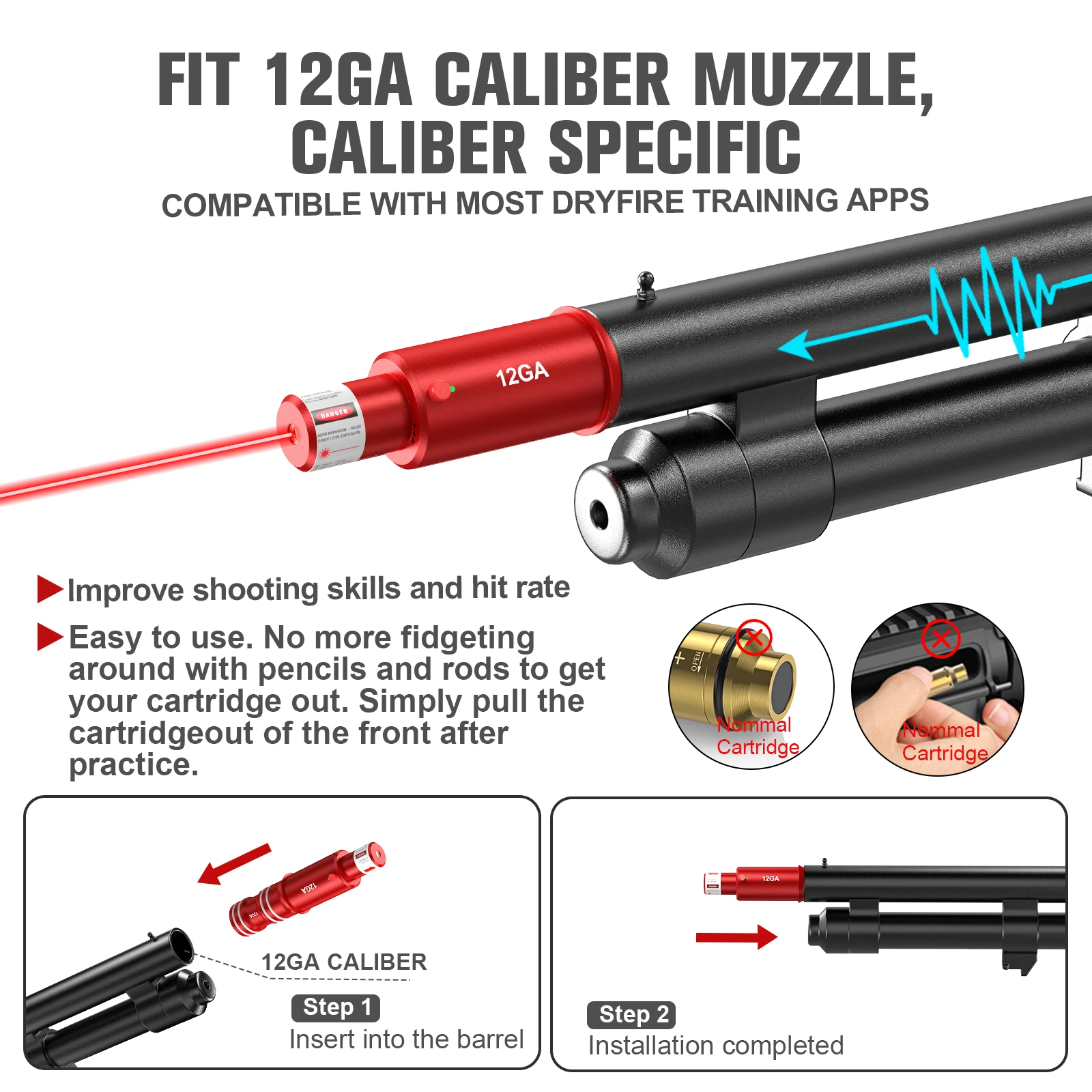 Balas de entrenamiento de fuego seco de doble propósito, 9mm, 38SPL, 22LR, 12GA, 7,62x39mm, disparo láser controlado, entrenamiento con láser, vista de orificio de bala - imagen 4