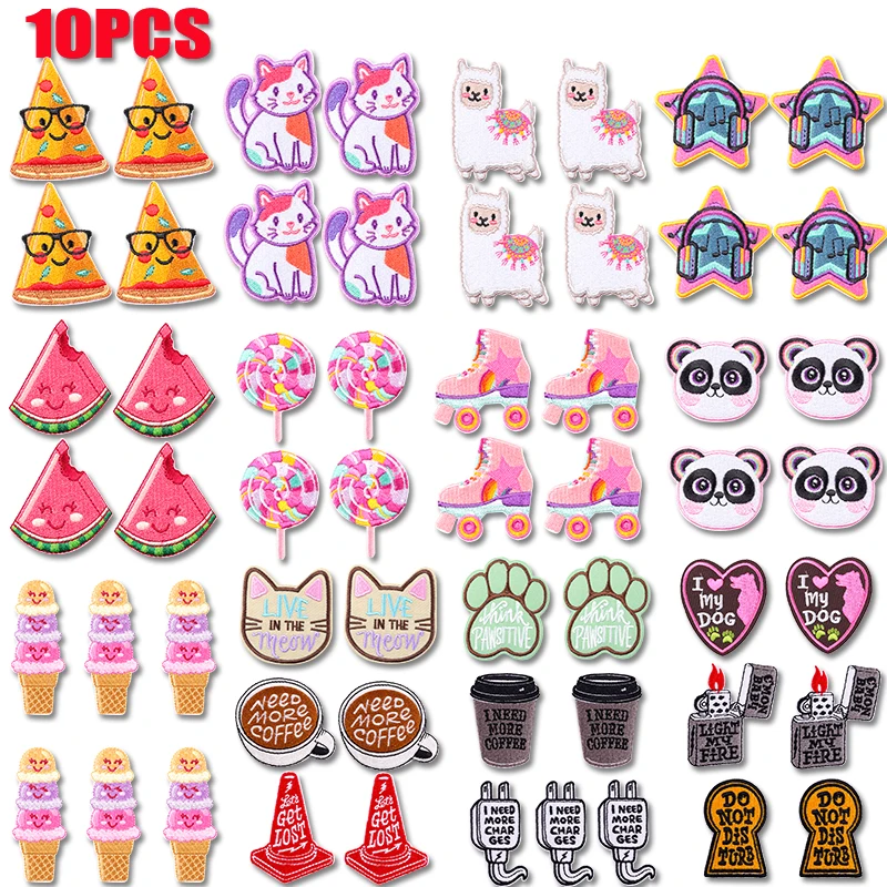 10 Uds. Parche bonito de estilo de dibujos animados para auriculares, taza de piruleta de Pizza, parches bordados, parches para planchar para ropa, parche de gato arcoíris