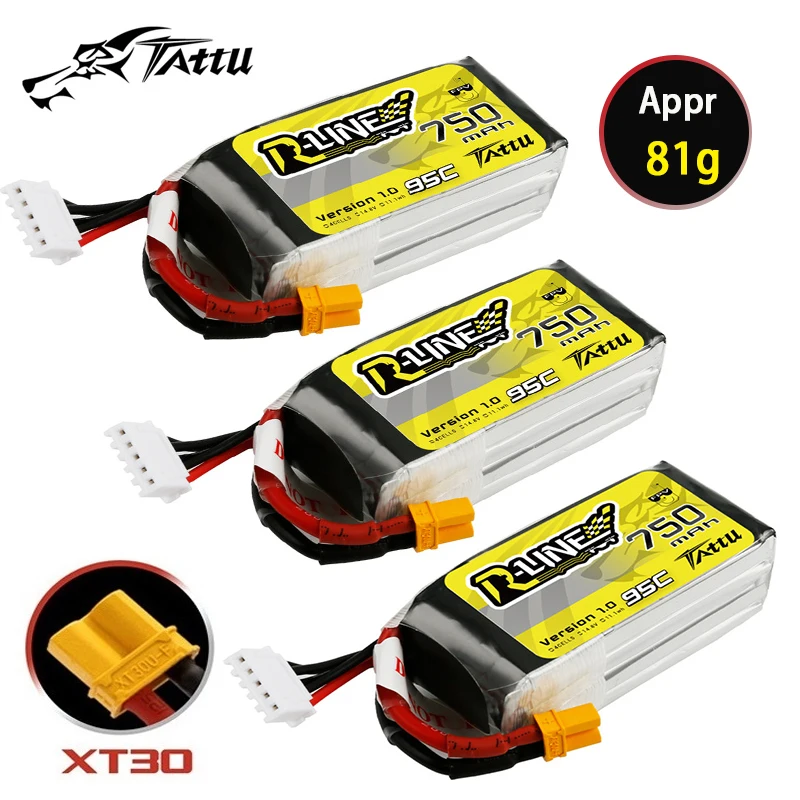 Batería Lipo recargable para Dron de carreras, 3 piezas, TATTU-R-LINE, 1,0, 750mAh, 95C, 14,8 V, para helicóptero de control remoto, cuadricóptero, FPV, 4S