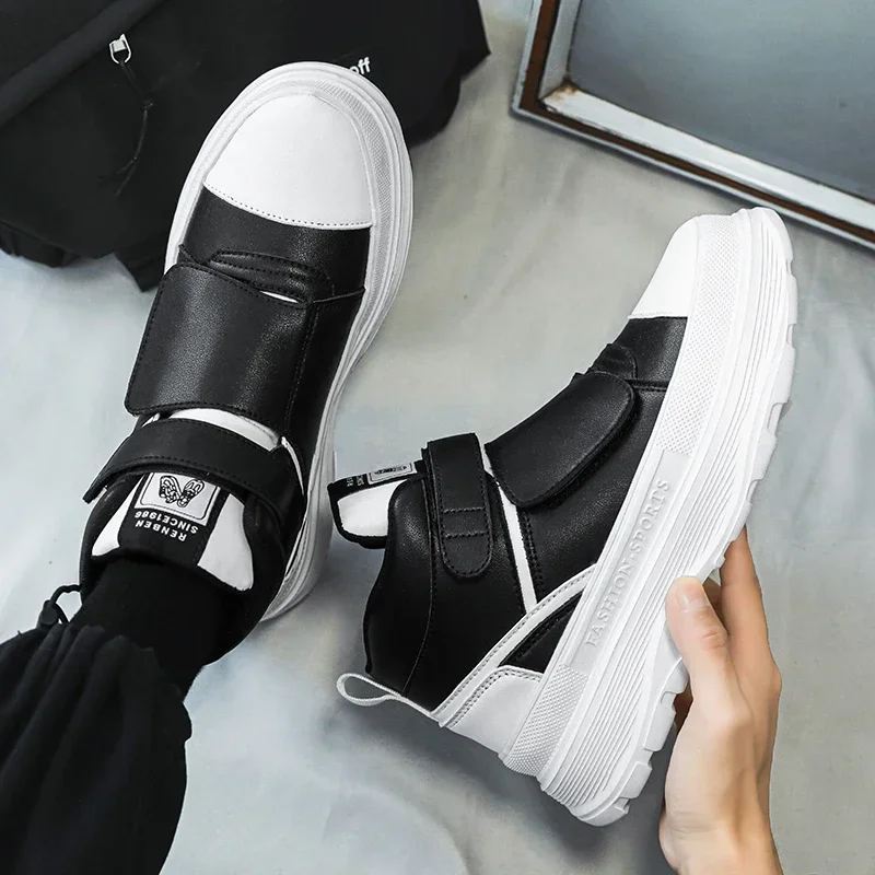 Zapatillas de deporte informales de otoño para hombre, zapatos altos con plataforma gruesa de cuero, botines con cinta mágica, zapatos deportivos transpirables para hombre 44 - imagen 3