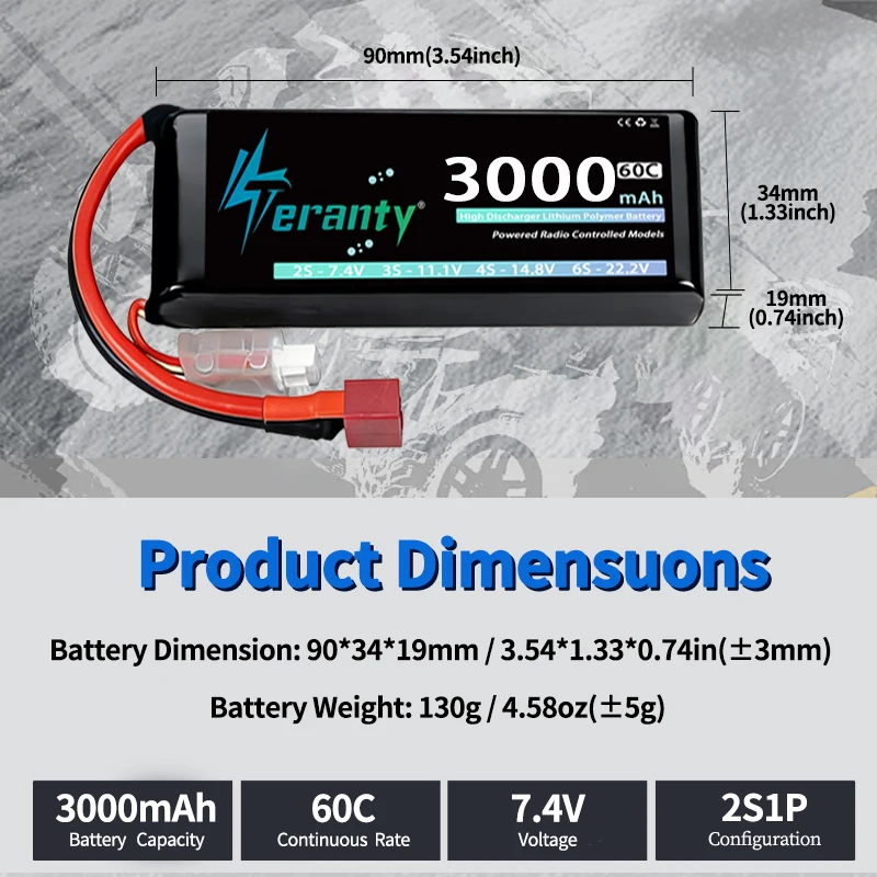 2 uds TERANTY 2S Lipo batería 7,4 V 7,6 3000mAh 60C 80C con enchufe T XT60 para Dron FPV RC camiones barco helicóptero avión - imagen 2