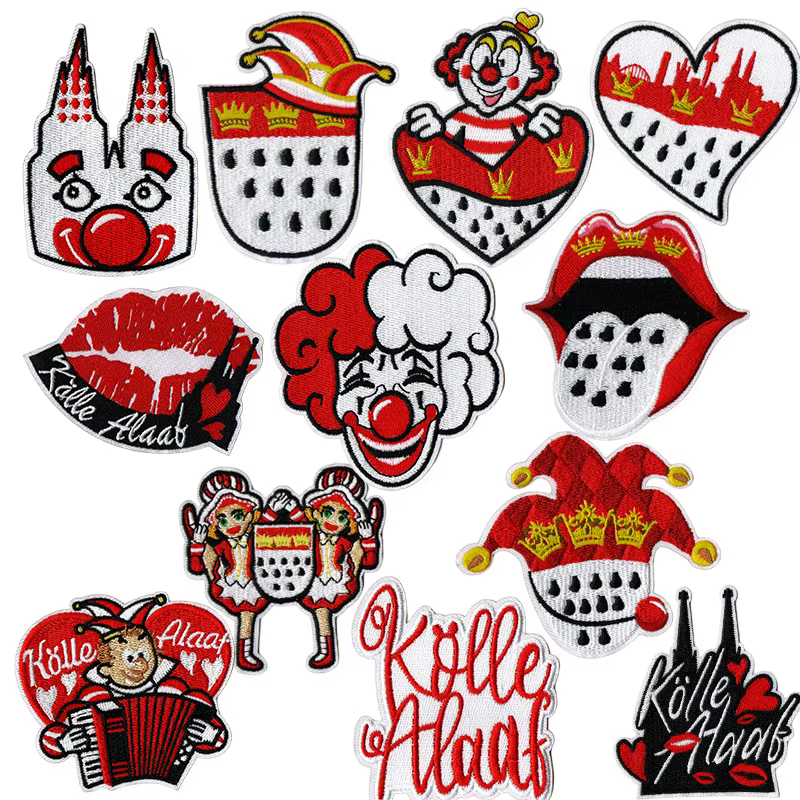 Parche bordado carnaval rojo – Corona inglesa y payaso para coser