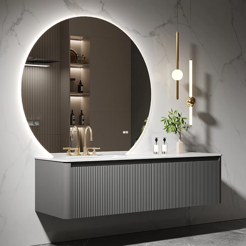 Armario de baño minimalista italiano, combinación de losa de piedra, lavabo integrado sin costuras, lavabo - imagen 3