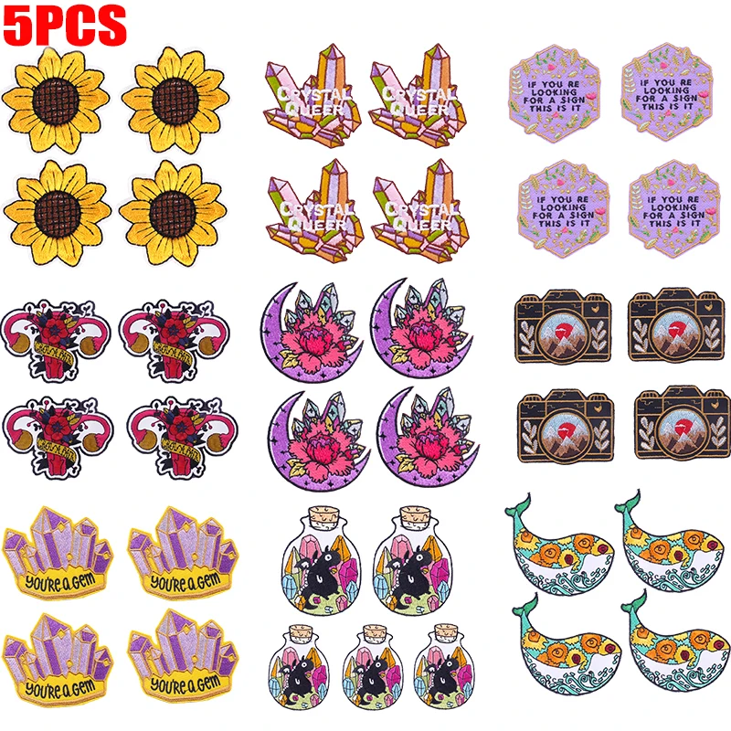 5 uds venta al por mayor flor de cristal girasol cámara parches bordados para ropa parche de dibujos animados hierro en parches para ropa DIY