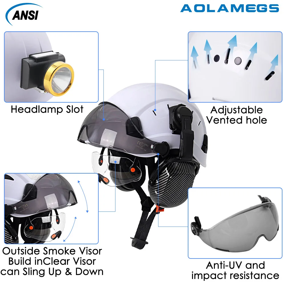 Casco de seguridad CE con orejeras de fibra de carbono, gafas dobles ABS, sombrero de trabajo de ingeniero de construcción, protección ANSI para la cabeza, sombrero duro de rescate - imagen 4