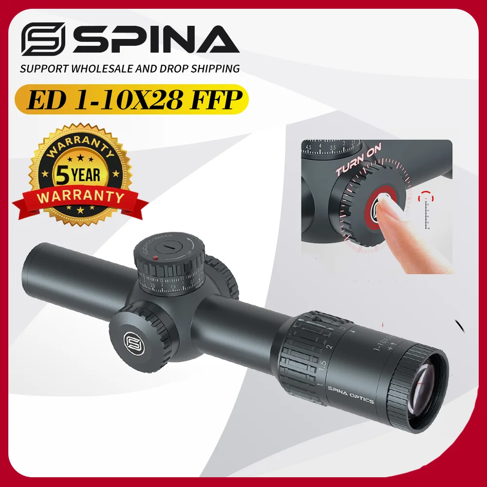 SPINA OPTICS GLACIER 1-10x28 FFP Lente SFIR ED Ultra Clara, Mira Telescópica 3-400m con Topes de Cero y Activación por Movimiento, para .22LR, 5.56, 7.62 etc.