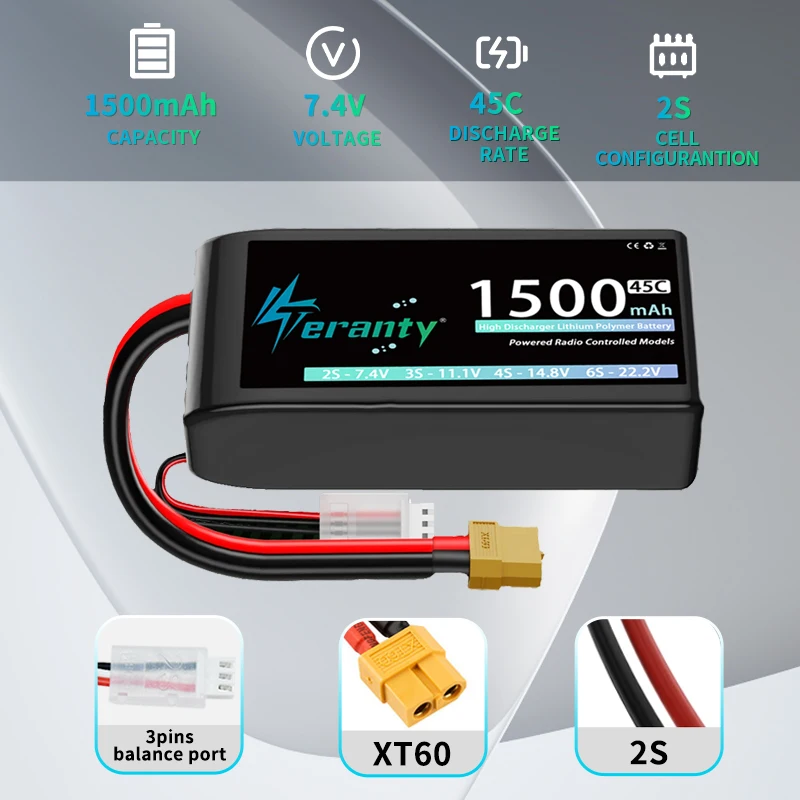 1/2 Uds TERANTY 2S Lipo batería 45C 1500mAh 7,4 V corto con enchufe T XT30 XT60 para RC coche Drone avión Quadcopter helicóptero FPV - imagen 5