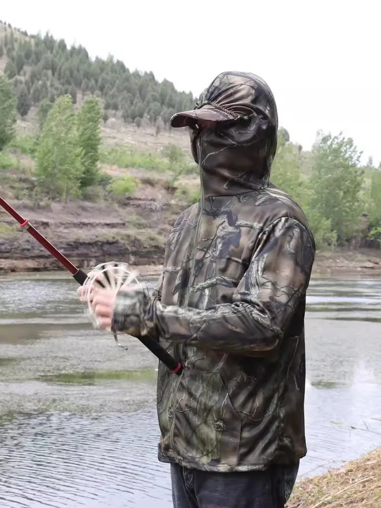 Sudadera con capucha de pesca de camuflaje con hojas marchitas, protección UV de verano, sombrero incluido, bufanda, guantes, poliéster transpirable, antisudor, secado rápido - imagen 4