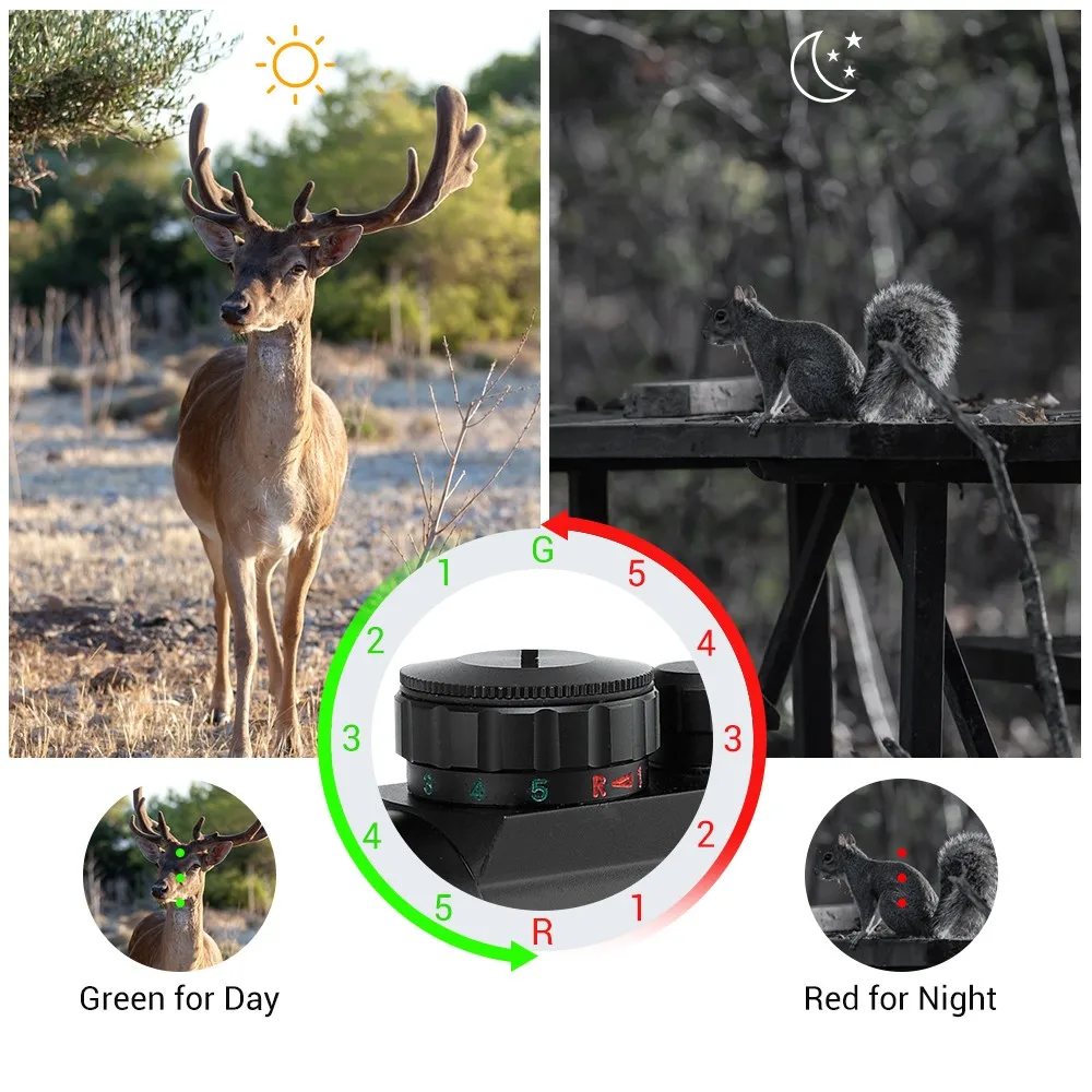 Mira telescópica de punto rojo y verde para Rifle, mira para ballesta, óptica de caza, punto de mira, colimador montado en riel de 20mm, 1x30mm - imagen 4