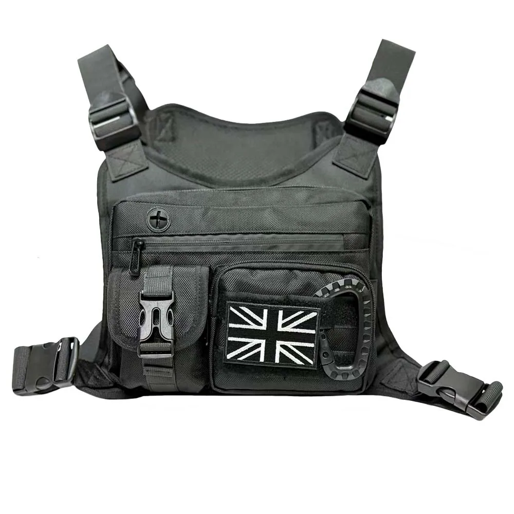 Chalecos para correr impermeables para hombres y mujeres, bolsas tácticas para el pecho, con parches de bandera británica y hebillas en forma de D