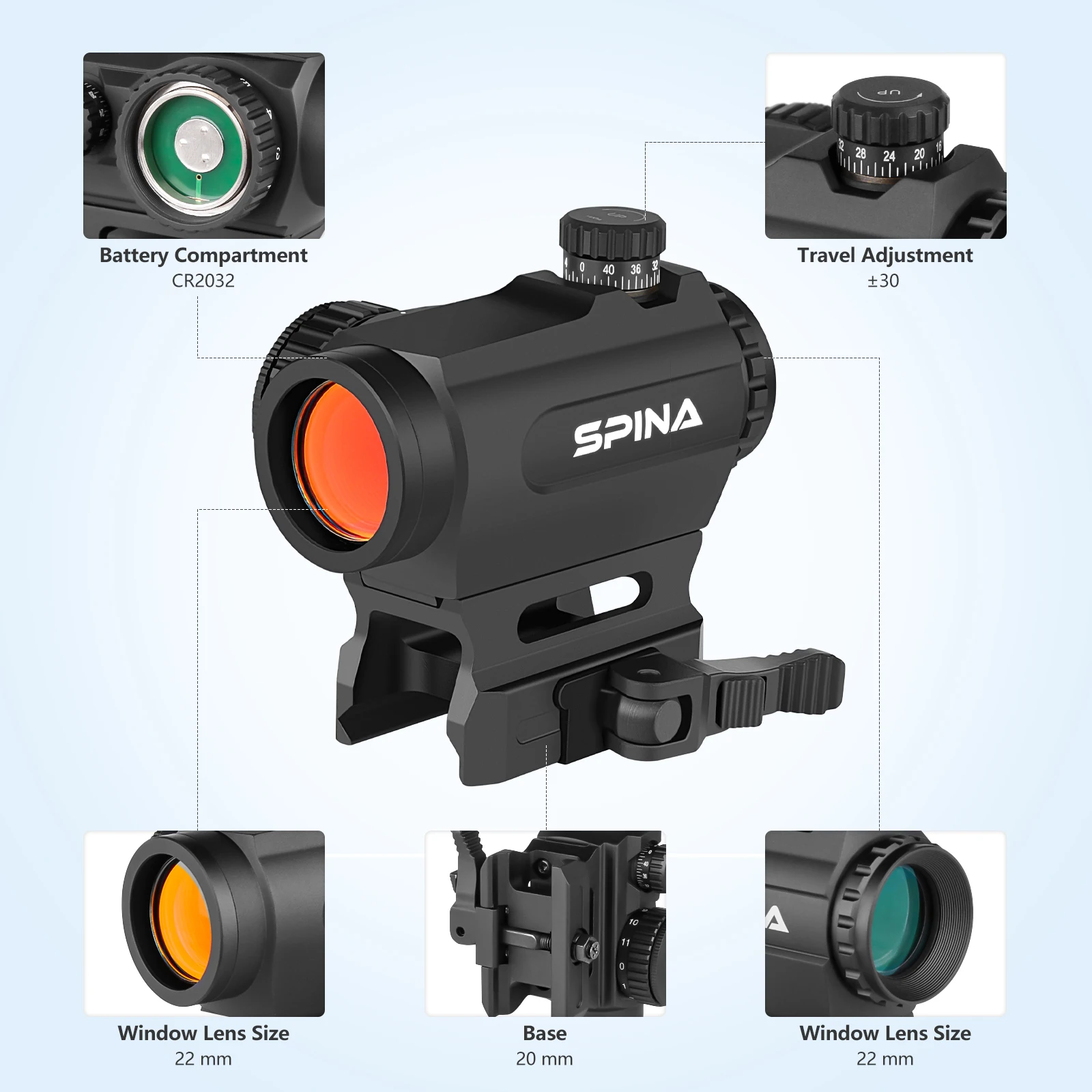 SPINA OPTICS-visor táctico de caza HD 1x20, montaje QD de tiro rápido, punto rojo, compatible con AR15, cbq. 556.308 - imagen 5