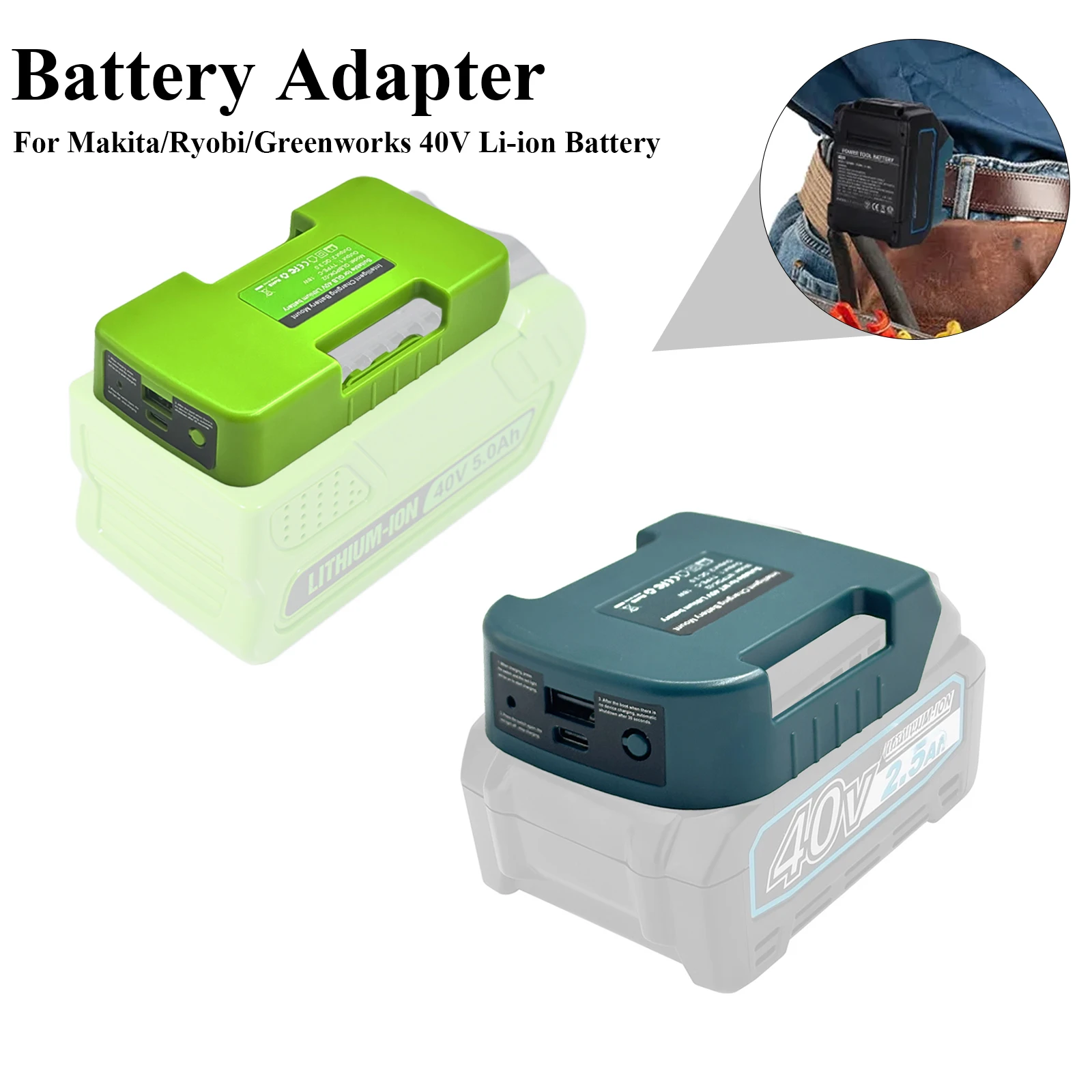 Adaptador de cargador USB para batería de iones de litio Makita/Ryobi/Greenworks, 40V, puerto tipo C, soporte para estante de almacenamiento de batería