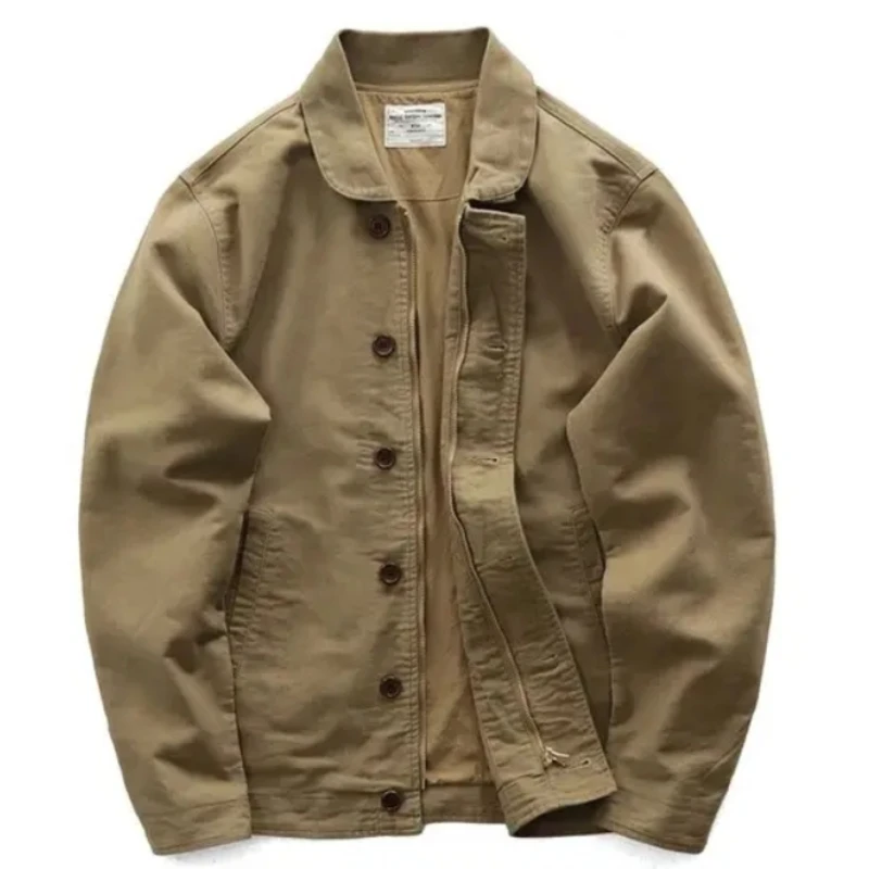 Amikaji-Chaqueta Vintage con solapa para hombre, abrigo informal con múltiples bolsillos, con cremallera, arrugado, a la moda, para primavera y otoño - imagen 2