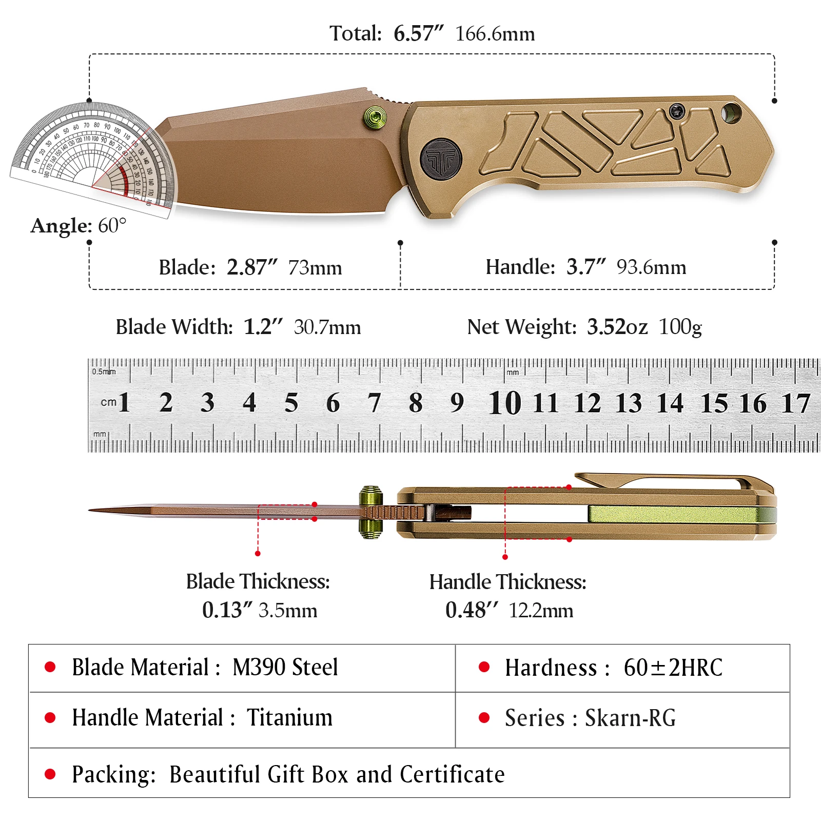 Cuchillo plegable TRIVISA Skarn M390, mango de titanio EDC - imagen 2