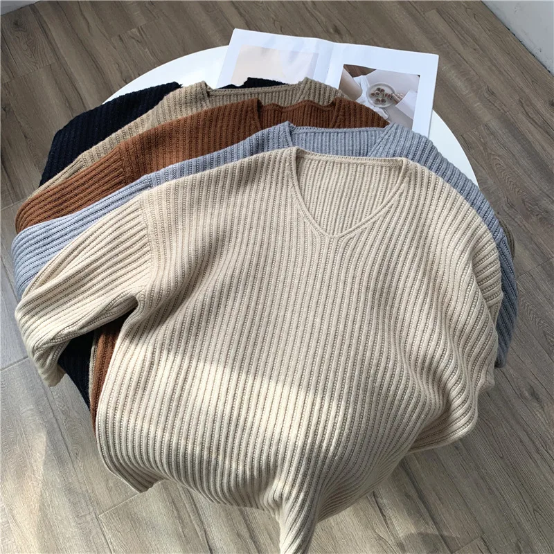 Suéter con cuello en V para mujer, Tops holgados Vintage, jerséis de punto de manga larga, jerséis cómodos para mujer para primavera y otoño - imagen 3