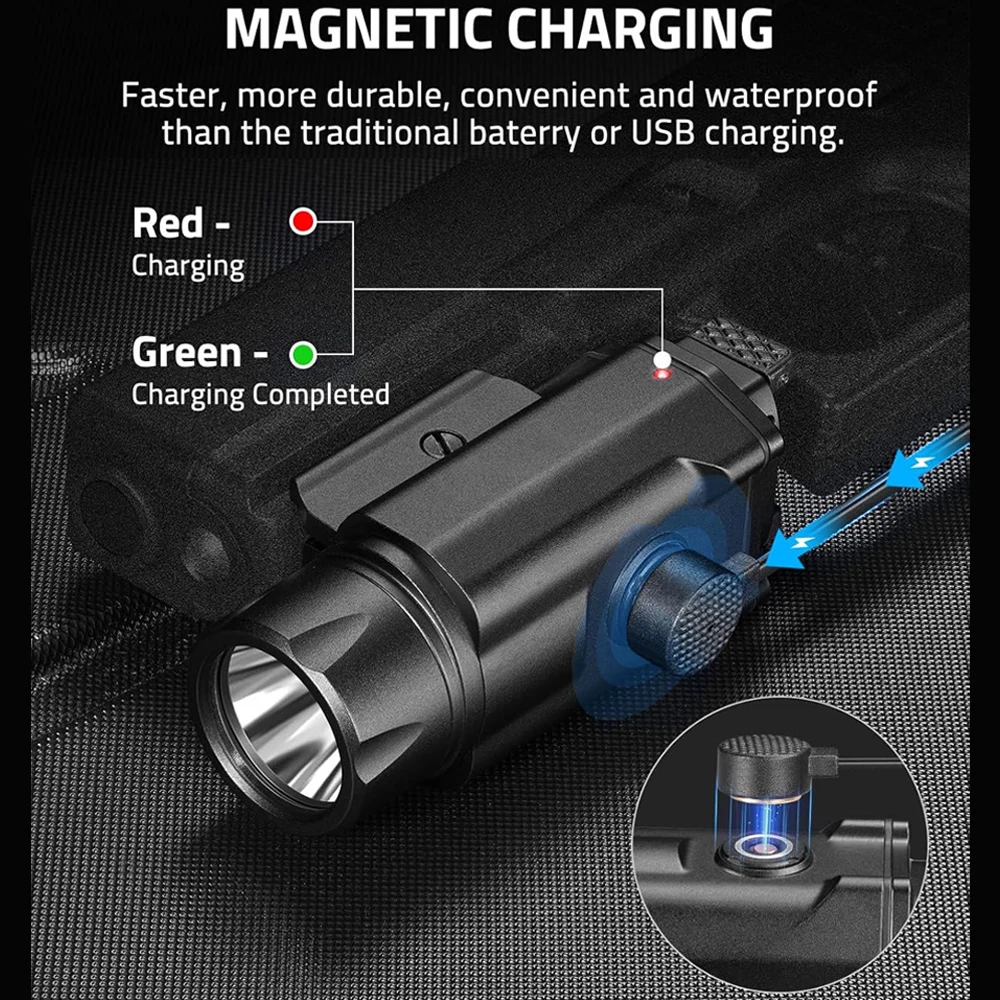Luz de pistola táctica de 1500 lúmenes, linterna de pistola ajustable de 3 modos, lámpara estroboscópica compacta recargable magnética - imagen 5