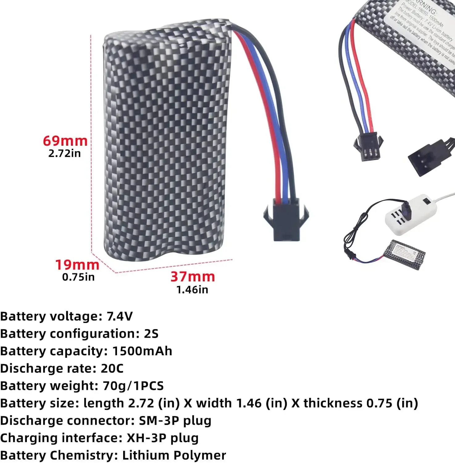 7,4 V 1500mAh SM-3P enchufe LIPO batería con USB para DE43 DE60 RC Racing RC Car 1575 camión volquete vehículo de construcción coche de juguete - imagen 3