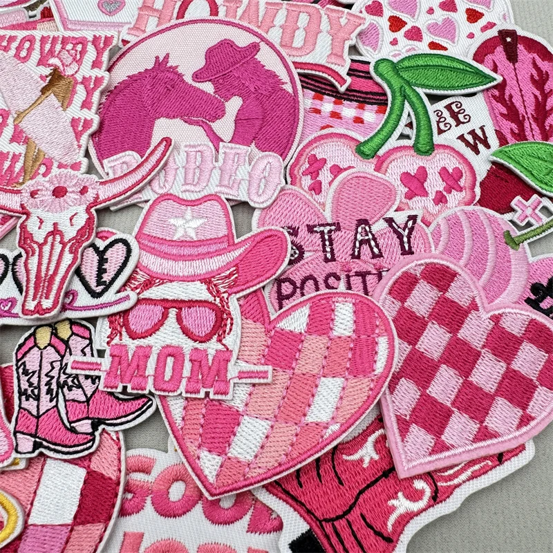 30 unids/lote de parches bordados de cereza de dibujos animados para ropa, parche con letras de corazón rosa, parches para planchar en ropa, apliques adhesivos - imagen 5