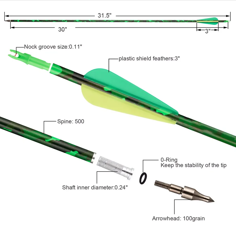 TOPARCHERY 6 uds 12 24 31 pulgadas flechas de carbono de camuflaje columna vertebral 500 para arco recurvo compuesto flechas de caza de arco largo - imagen 4