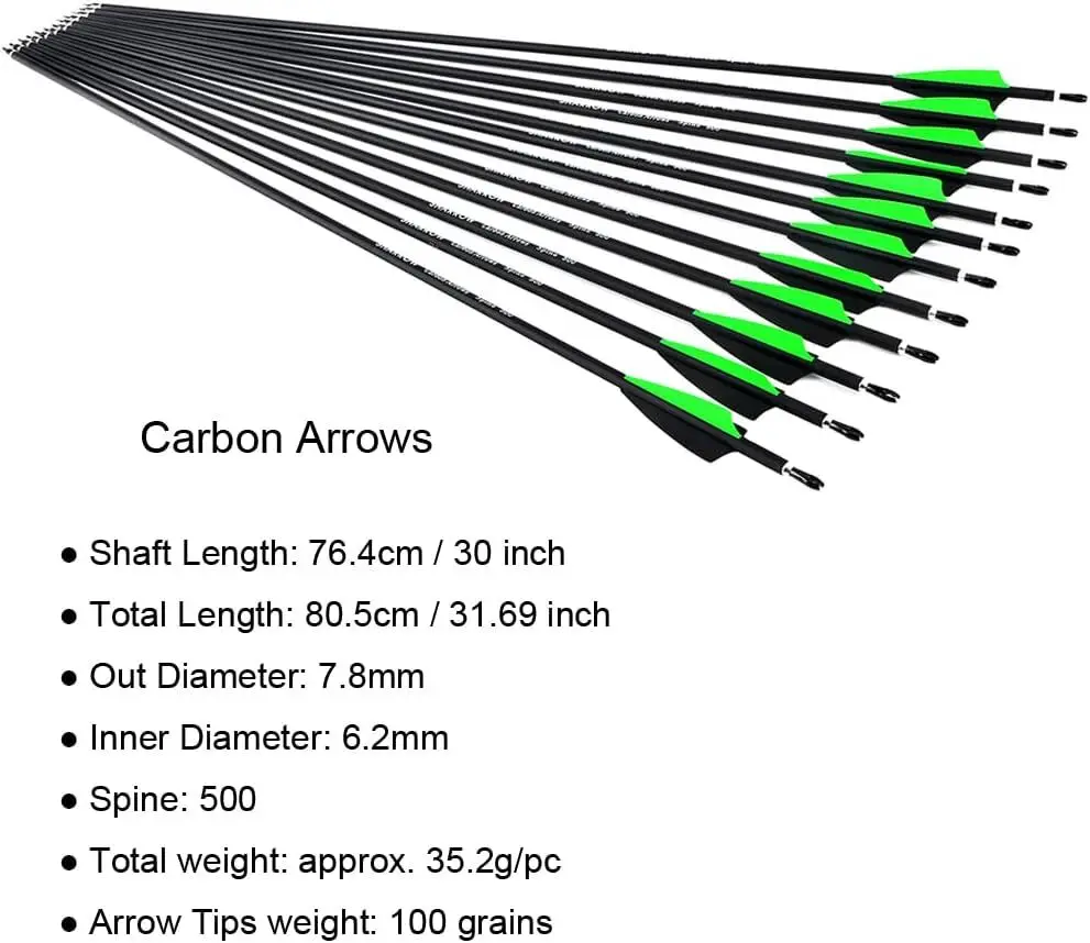 31,5 "tiro con arco flechas de carbono mezcladas columna vertebral 500 ID6.2mm OD7.8mm 100 punta de grano paleta de goma arco caza tiro objetivo 6/12/24 Uds - imagen 2