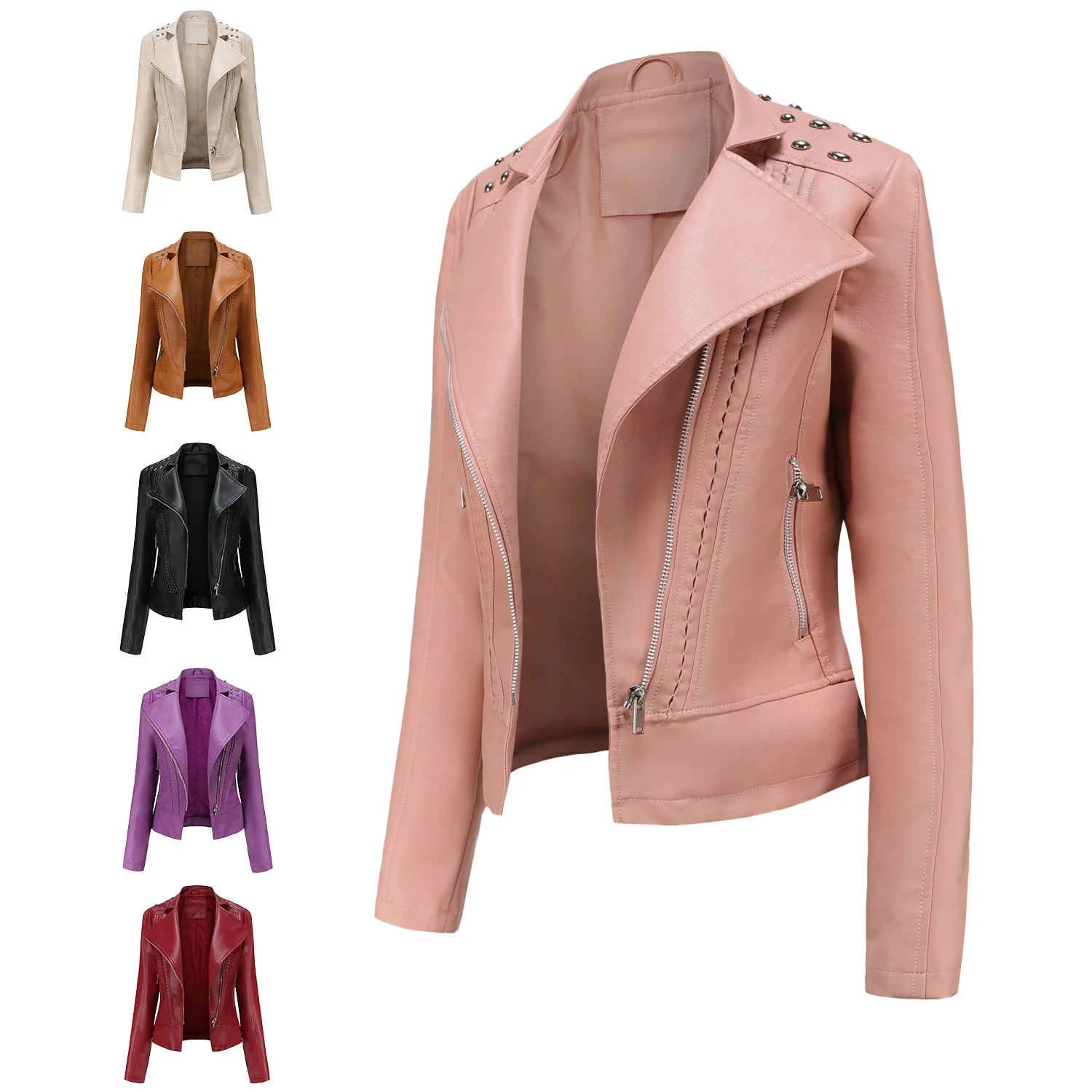 Chaqueta de cuero sintético para mujer, abrigo de motorista, chaqueta de motocicleta con remaches, gabardina para mujer - imagen 5