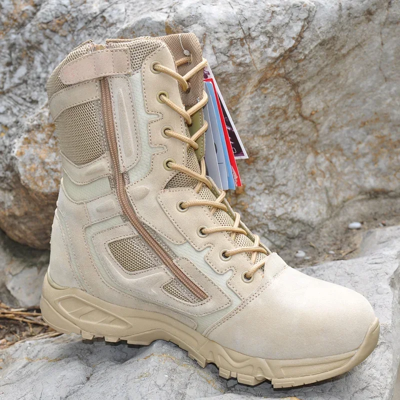 Bota para hombre de cuero genuino Vintage con cordones zapatos de seguridad impermeables negro desierto combate botines tácticos hombres - imagen 5