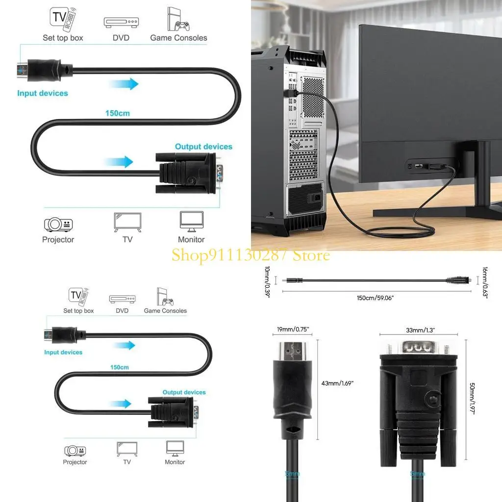 J1HC Compatible con VGA Adapter Cable Converter Digital a Analog Wire para PC Laptop TV-Box HDTV Projector