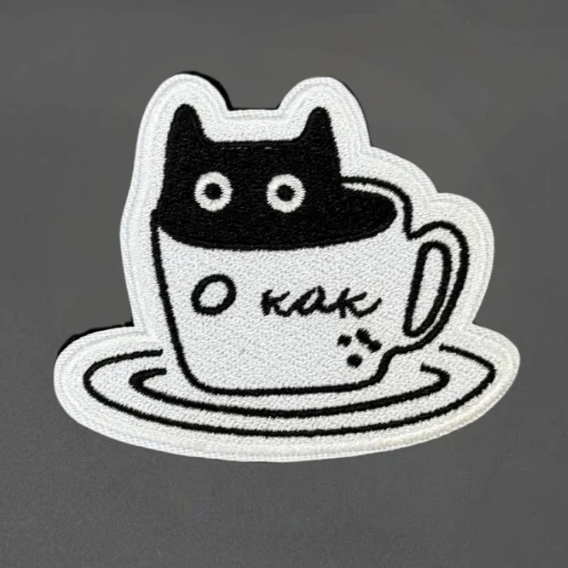 Parche táctico bordado gato negro con taza de café, gancho-bucle - imagen 2