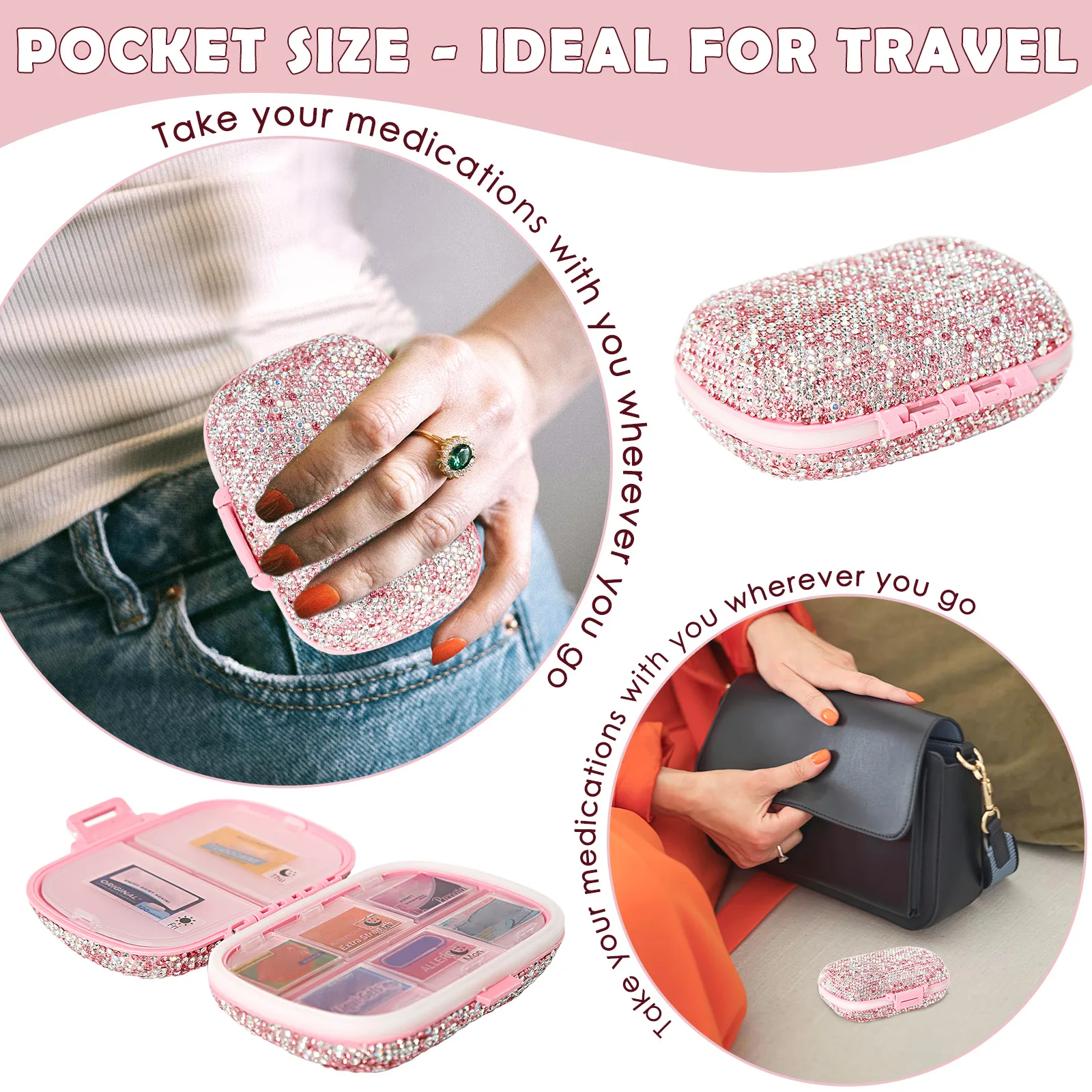 Organizador de pastillas de viaje con diamantes de imitación 175, etiquetas de medicina, 8 compartimentos, a prueba de humedad, Mini organizador de medicamentos - imagen 4