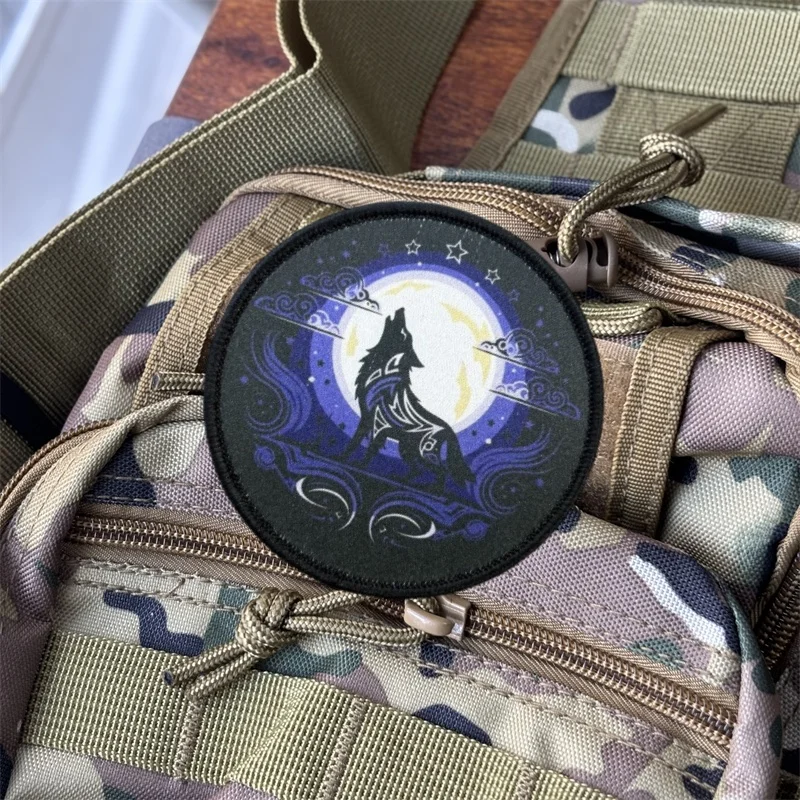 Parche táctico impreso "luna y lobo", insignia de moral militar, parches con gancho, ropa, mochila, accesorios, pegatinas