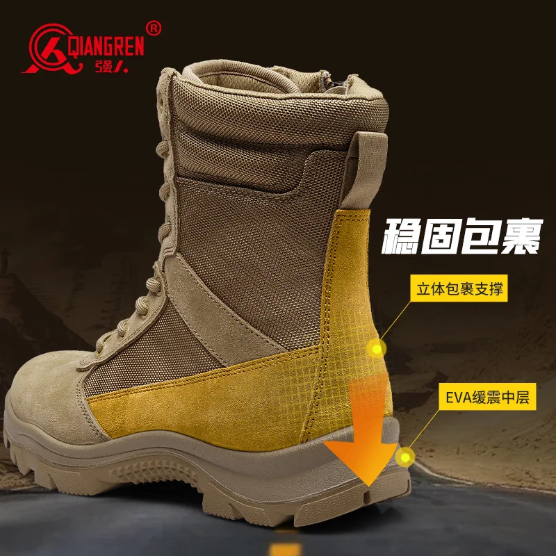 Zapatos de senderismo de cuero de vaca para hombre, zapatillas de montaña, botas de caza impermeables, botines tácticos de combate en el desierto, parte superior alta - imagen 4