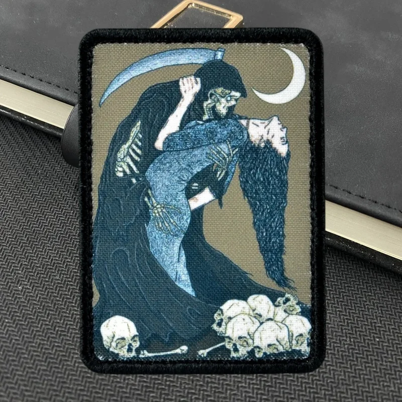 Parches de insignia de moral táctica "Dance with Death", Calavera, hoz de muerte impresa, gancho y lazo, brazalete, mochila Sexy para niña, pegatina para sombrero - imagen 3