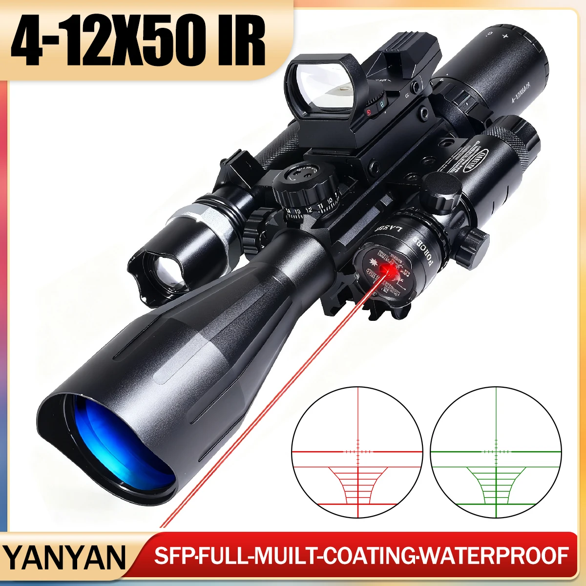 Mira telescópica táctica 4-12X50, mira telescópica de largo alcance con linterna láser, Kit de combinación de puntos rojos, mira óptica para caza