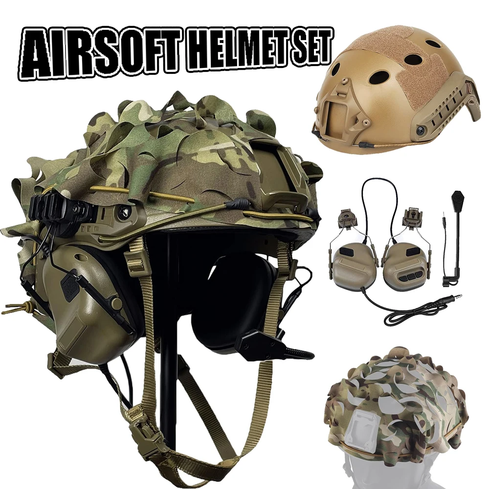 Conjunto de casco táctico rápido Airsoft con auriculares tácticos, casco Airsoft de malla cortada, cubierta de camuflaje, equipo protector de caza y combate