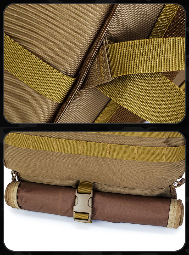 Una bolsa marrón con una correa y correa amarilla