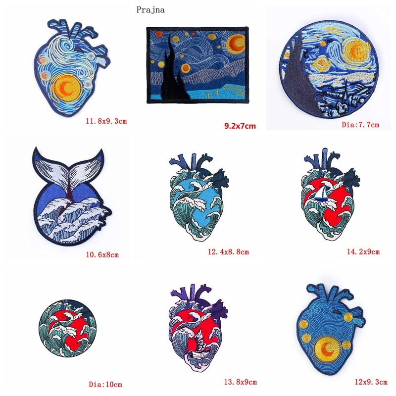 Prajan, 10 Uds., parche bordado de ondas de Van Gogh, parches para planchar para ropa, parches termoadhesivos para ropa, parche de corazón de Van Gogh - imagen 2