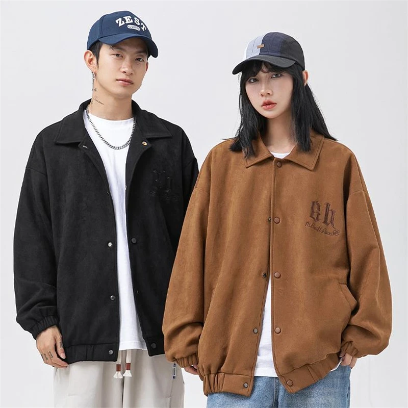 Abrigo de entrenador de gamuza sintética para hombre y mujer, chaqueta de un solo pecho, chaqueta de lana de invierno, chaqueta de béisbol informal, ropa de calle Hip Hop - imagen 4