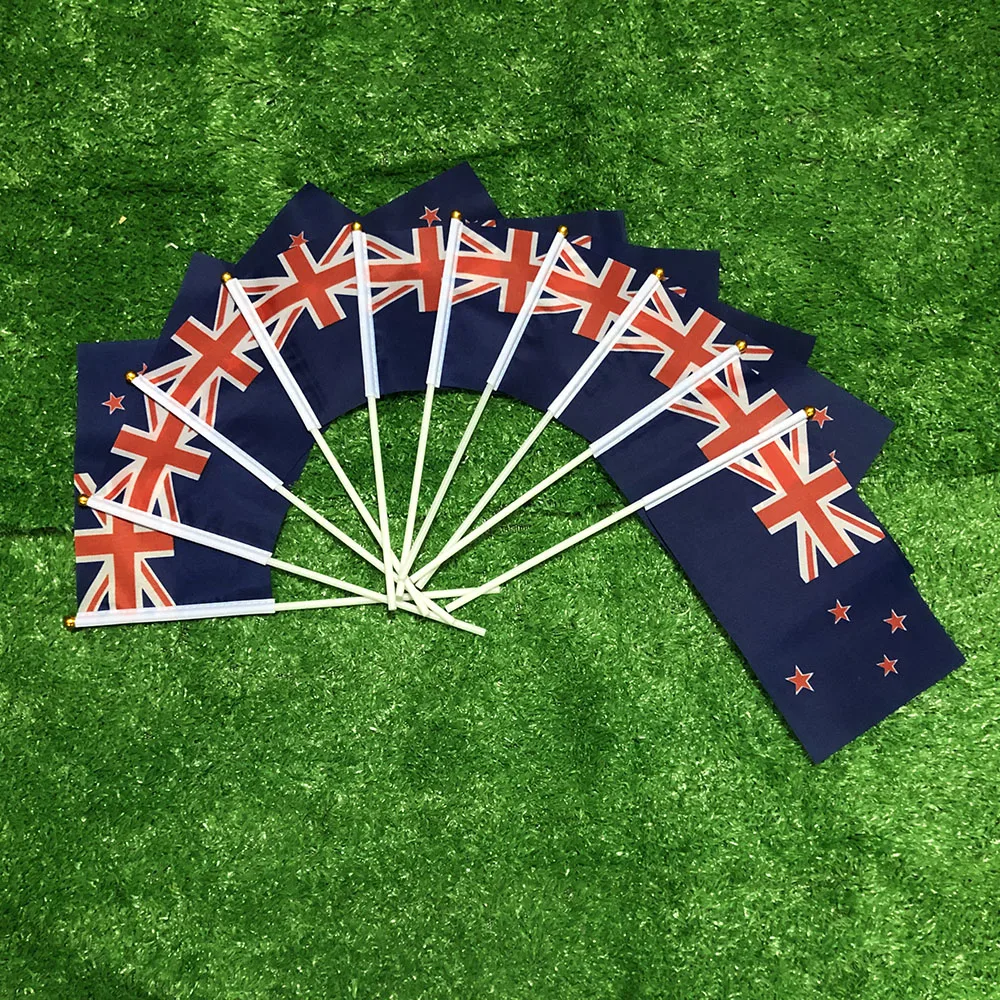 SKY FLAG Bandera de mano de Nueva Zelanda 14x21cm 10/20/50/100 Uds poliéster penetración de doble cara Bandera de mano de Nueva Zelanda para decoración