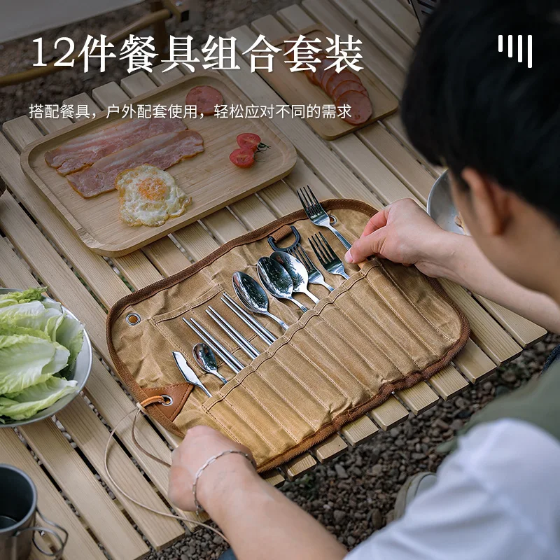 Outdoor Tableware Canvas Storage Bag 3 4 Person Tableware Set Stainless Steel Spoon Chopsticks Fork for Camping Traveling Picnic - imagen 4