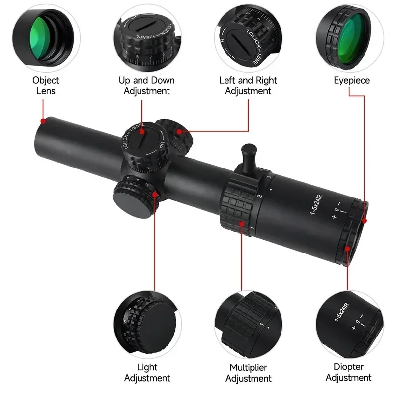 Mini mira de punto rojo 1-5x24IR, óptica táctica, alcance reflejo rojo/verde, telescopio de caza de largo alcance con sistema de bloqueo, Rifle Airsoft - imagen 4