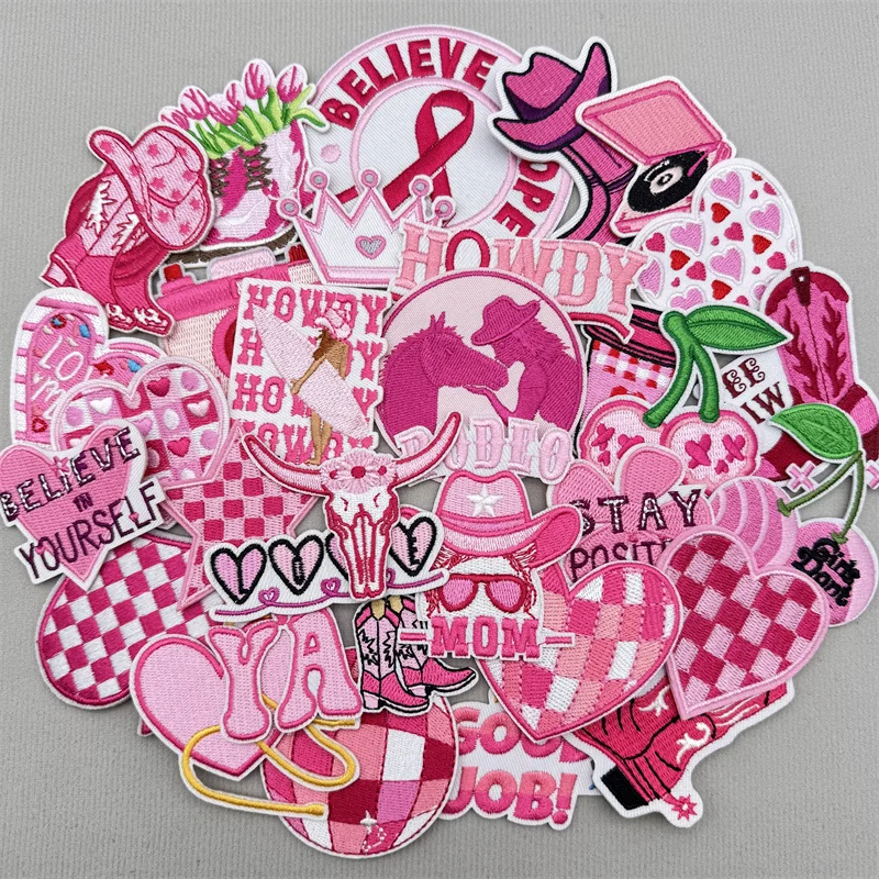 30 unids/lote de parches bordados de cereza de dibujos animados para ropa, parche con letras de corazón rosa, parches para planchar en ropa, apliques adhesivos - imagen 3