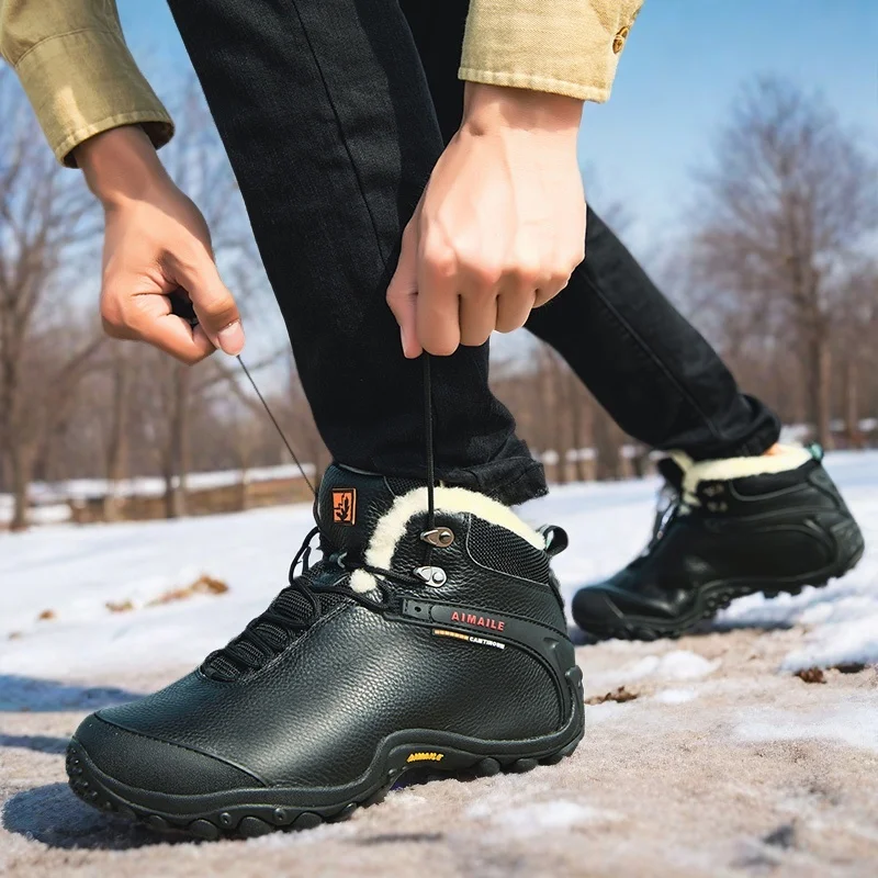 Zapatos de senderismo de cuero de vaca para hombre, botas de nieve, botas de caza de lana para mujer, zapatillas impermeables para exteriores, escalada, montaña y caminar - imagen 3