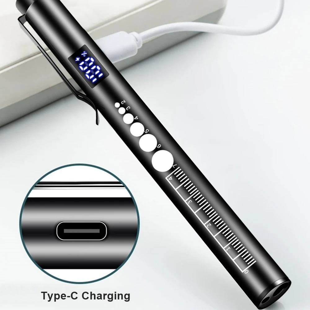 Mini linterna LED LCD 2 en 1 con bolígrafo blanco/amarillo, recargable por USB, lámpara para pupila de ojos, Camping, iluminación de emergencia para niños - imagen 4